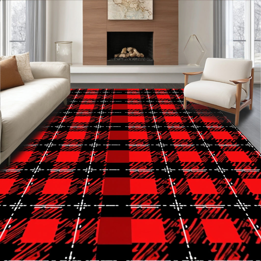 Red Black Plaid Tartan Weave Rug