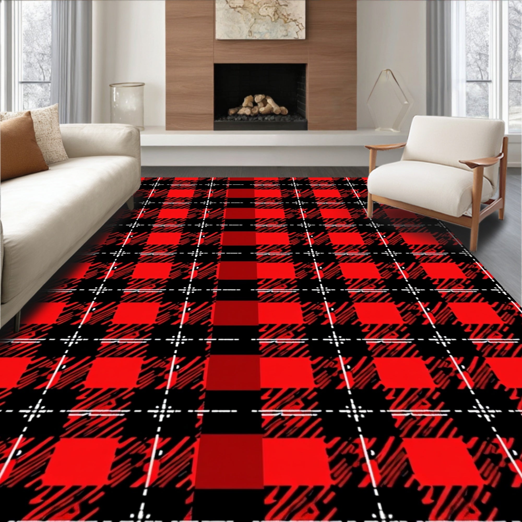 Red Black Plaid Tartan Weave Rug