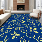 Navy Blue Golden Leaf Scroll Rug