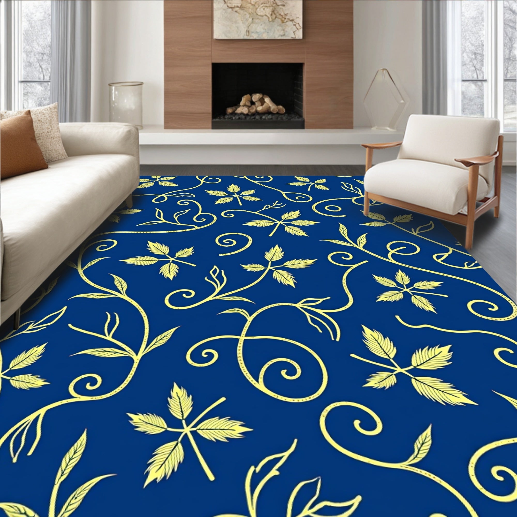Navy Blue Golden Leaf Scroll Rug