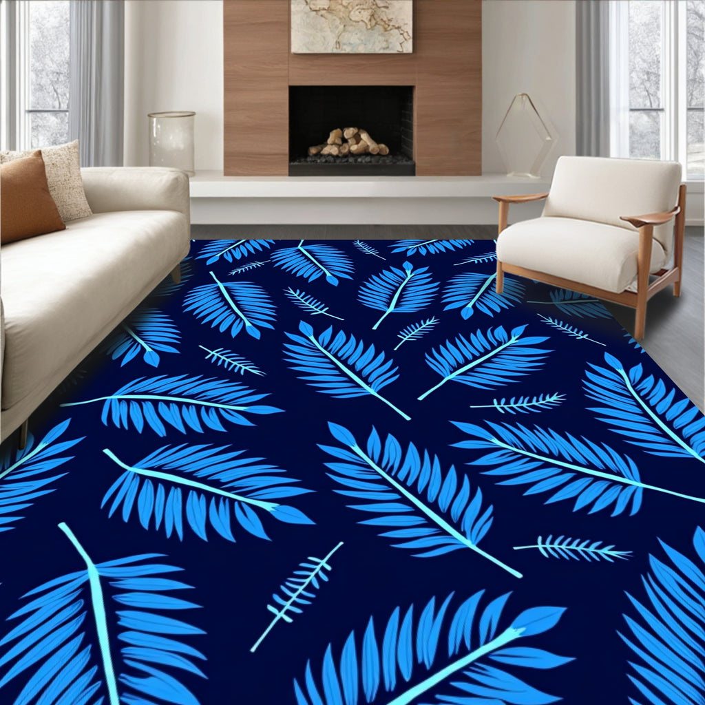 Deep Blue Tropical Fern Leaves Rug