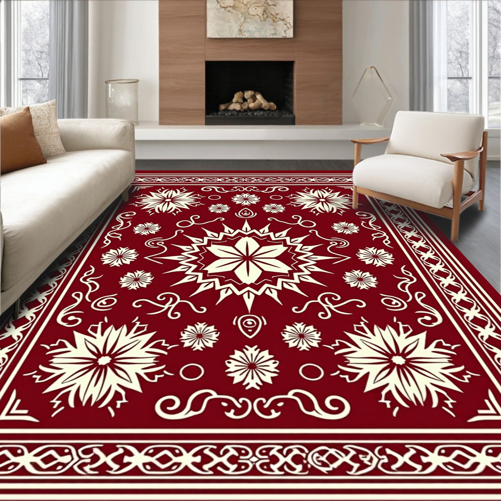 Deep Red Starburst Medallion Border Rug