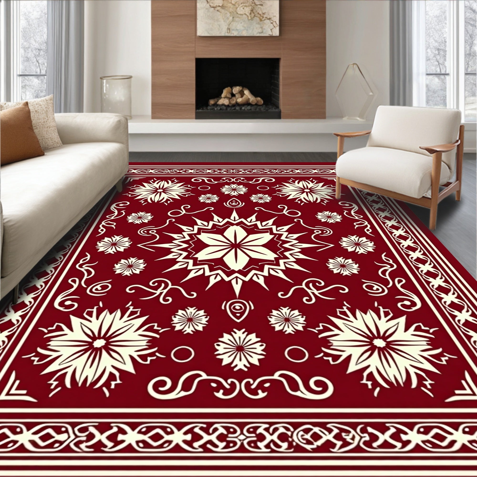 Deep Red Starburst Medallion Border Rug