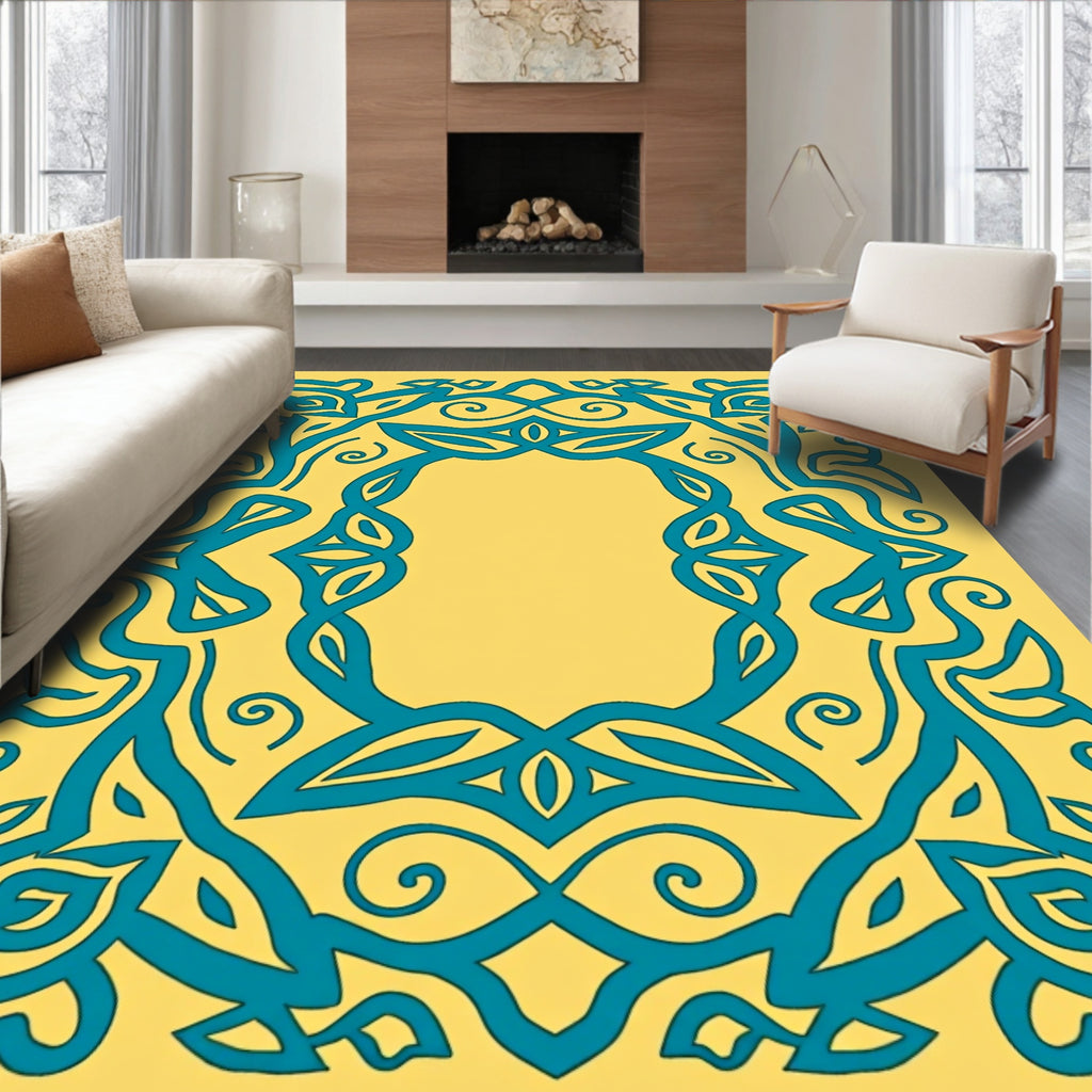 Teal Yellow Ornamental Swirl Frame Rug