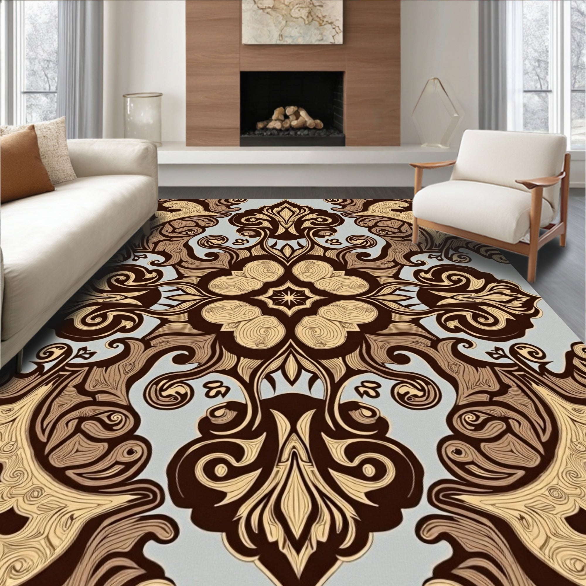 Ornate Brown and Tan Floral Medallion Rug