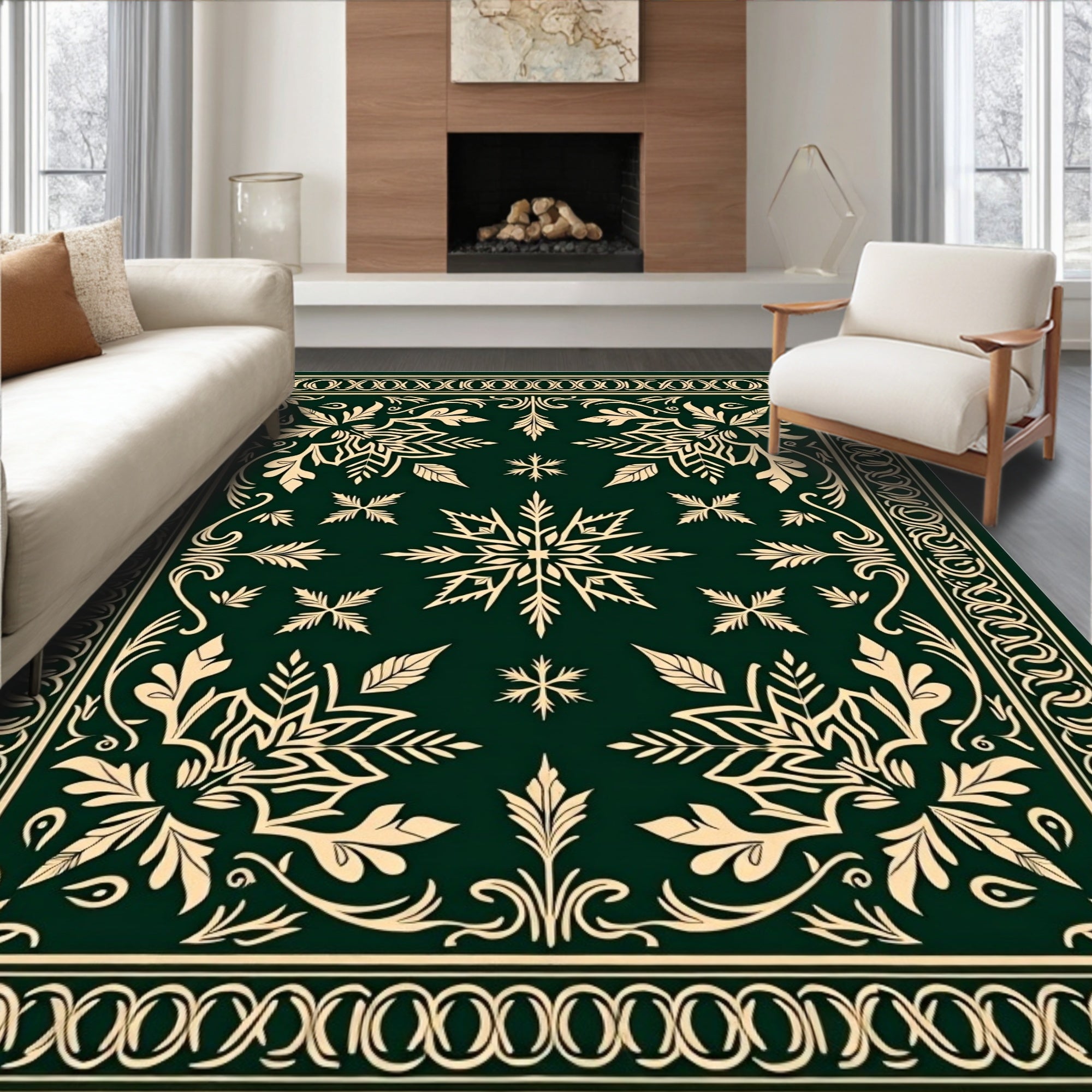Deep Green Floral Medallion Snowflake Rug