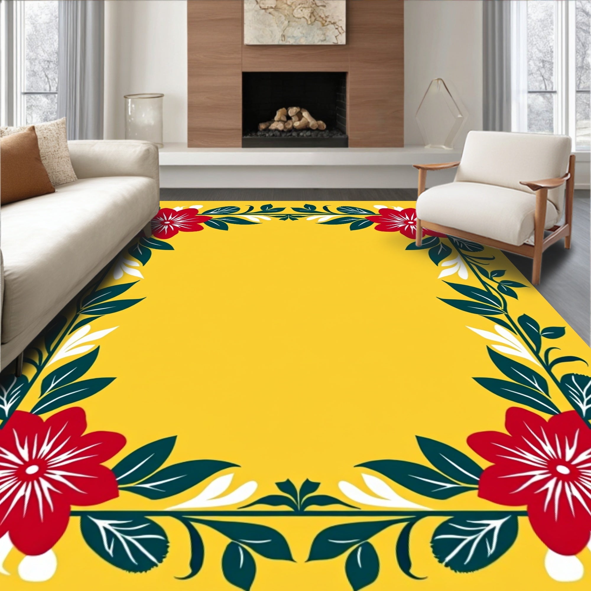 Vibrant Red Floral Foliage Border Rug