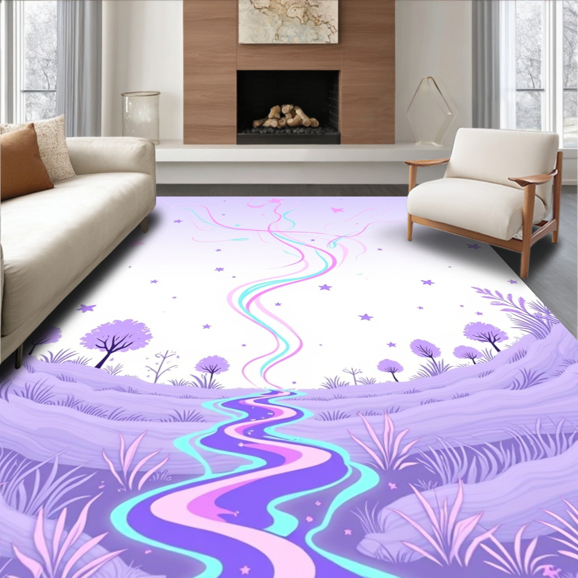 Whimsical Lavender Starry Dreamscape River Rug