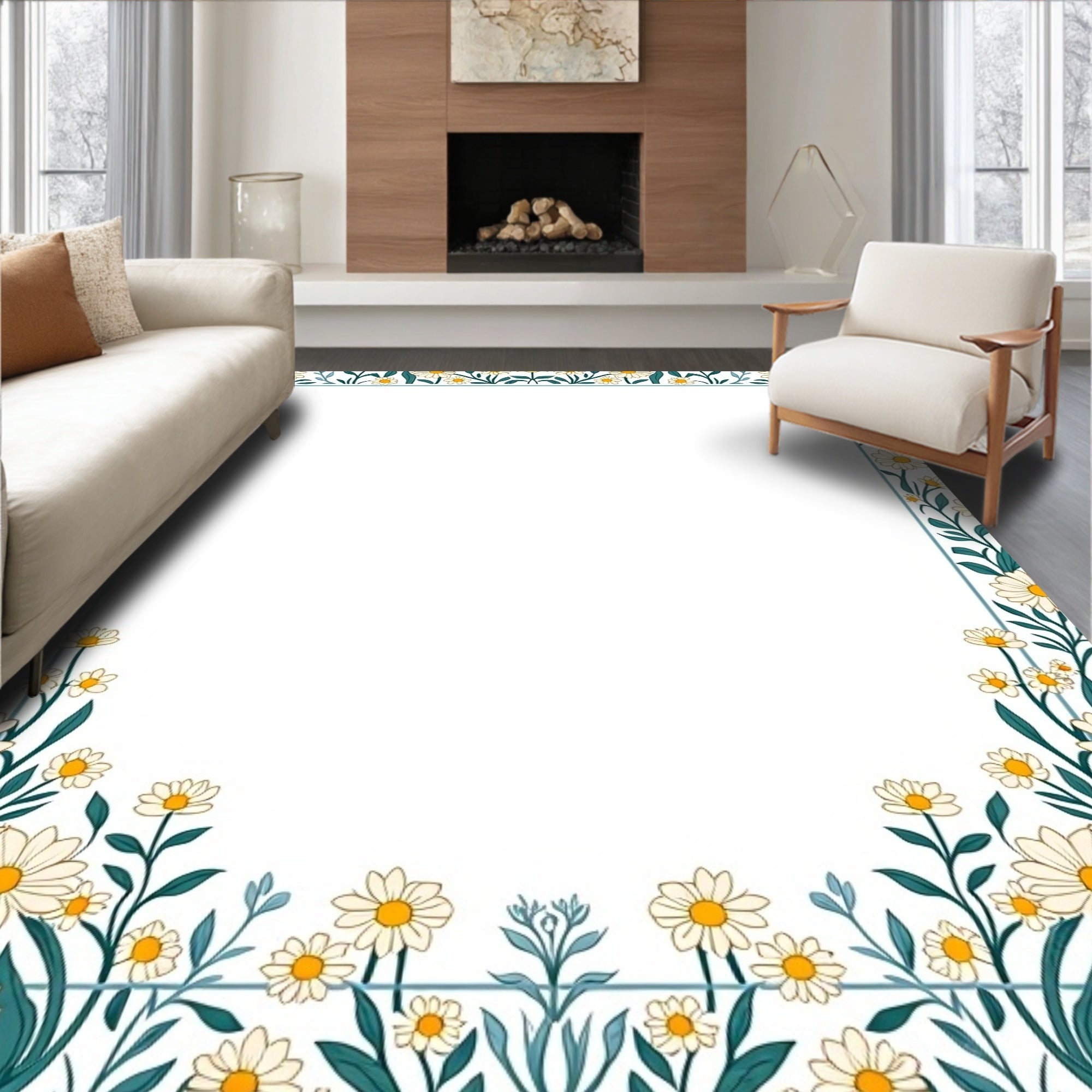 Cream Daisy Botanical Border Rug