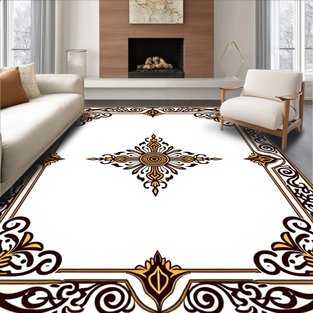 Ornate Golden Brown Floral Frame Rug