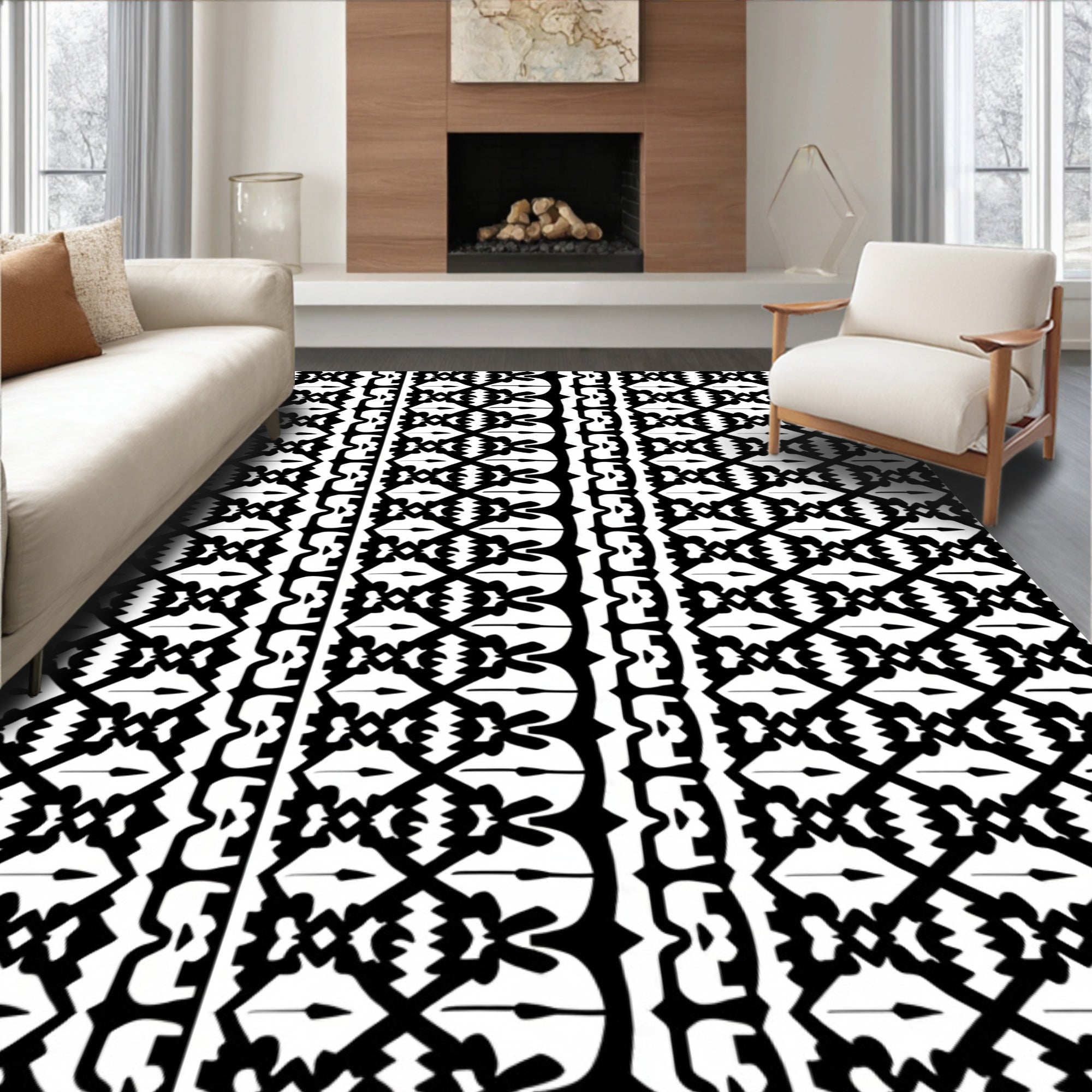 Black and White Tribal Geometric Stripes Rug