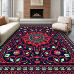 Deep Blue Red Floral Medallion Rug
