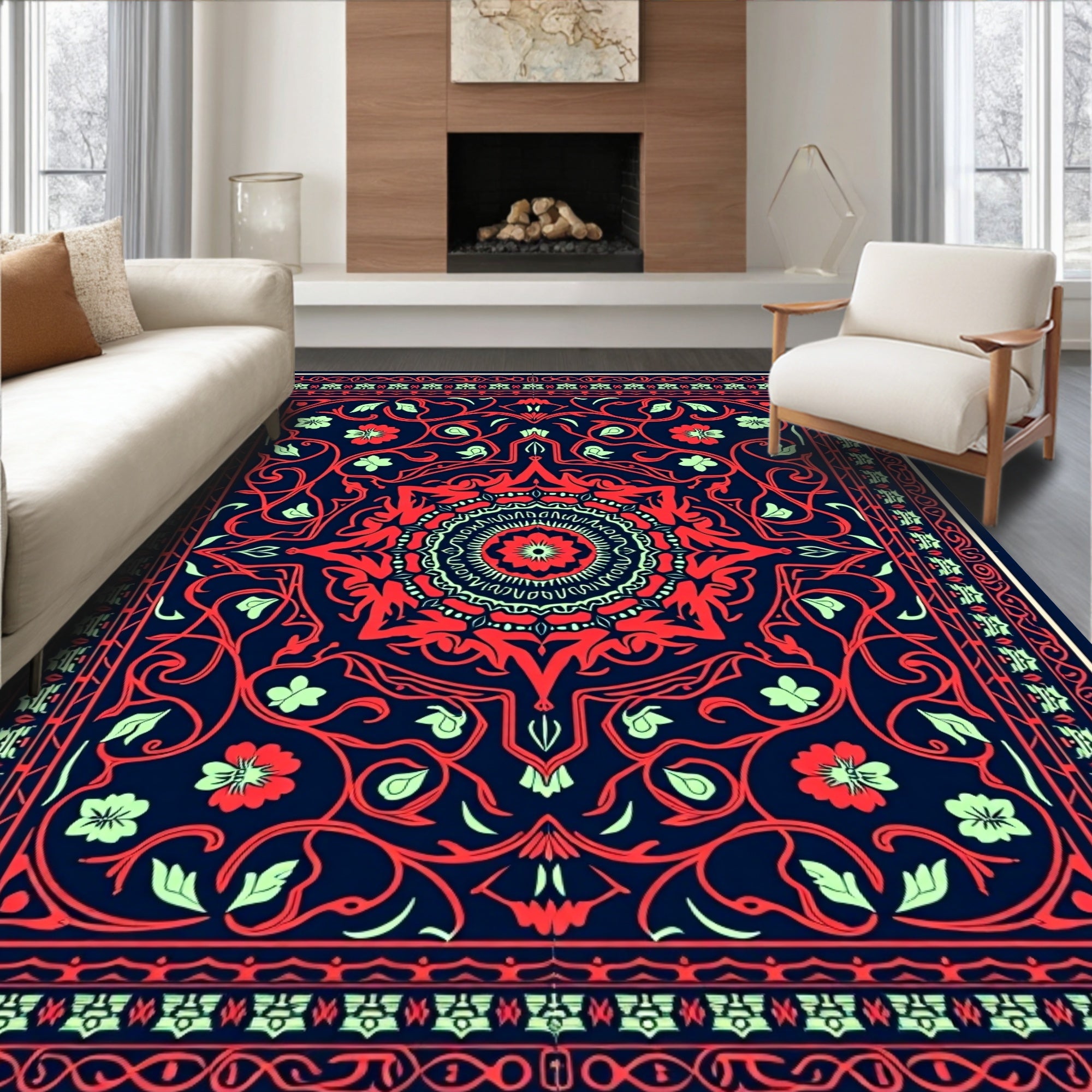 Deep Blue Red Floral Medallion Rug