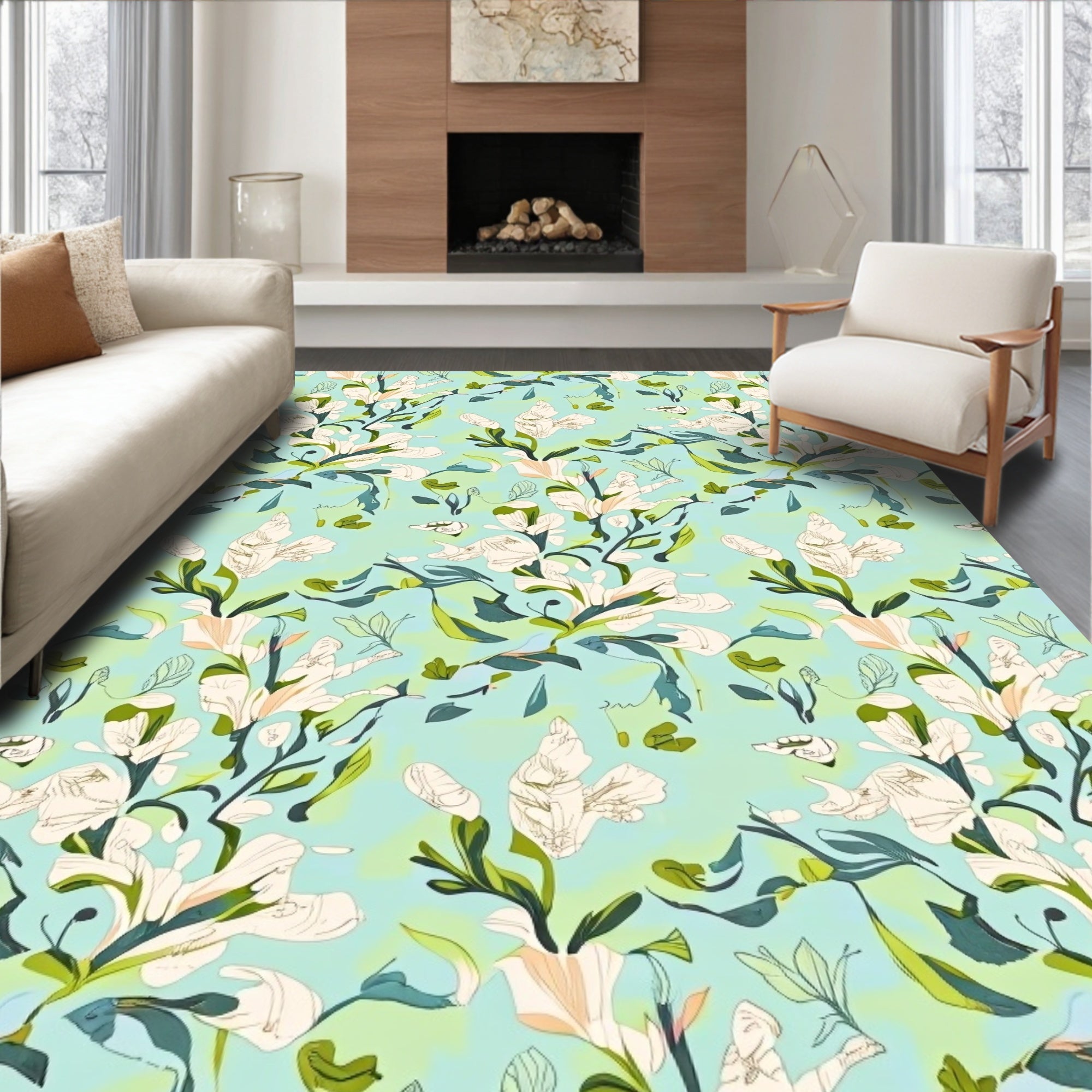 Whimsical White Floral Watercolor Garden Rug