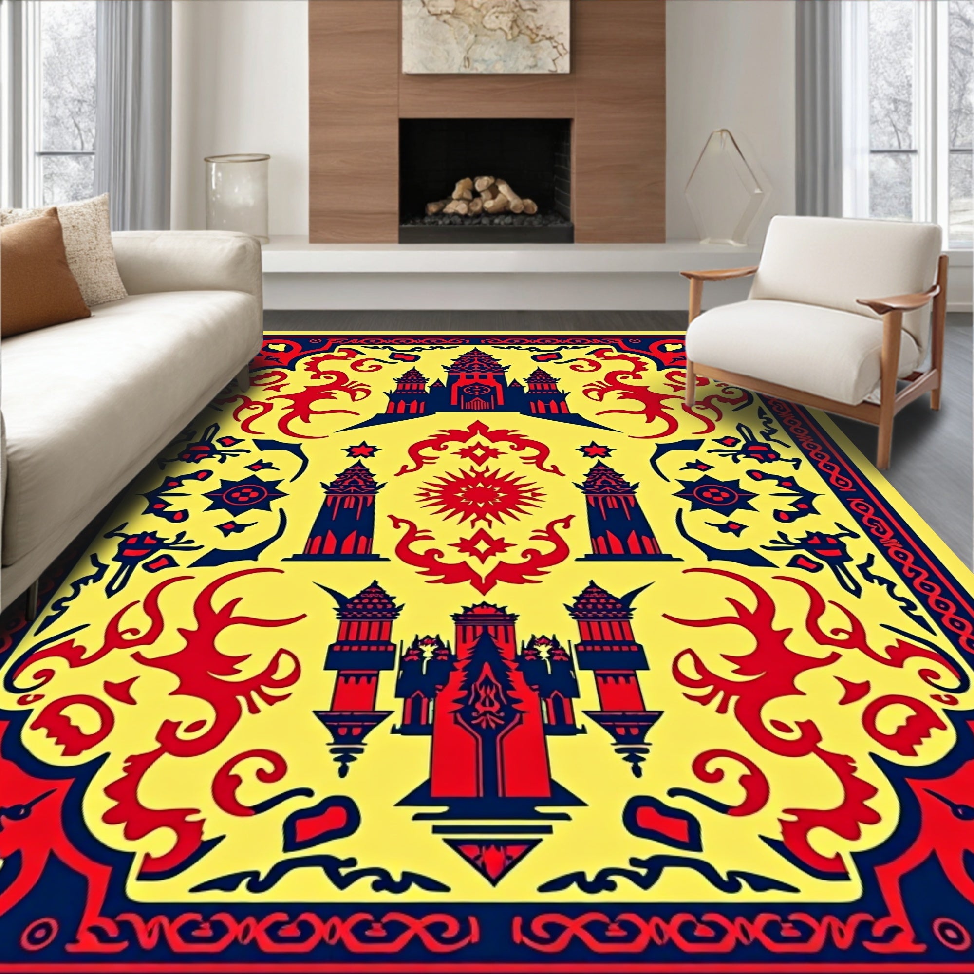 Vibrant Red Blue Pagoda Medallion Rug