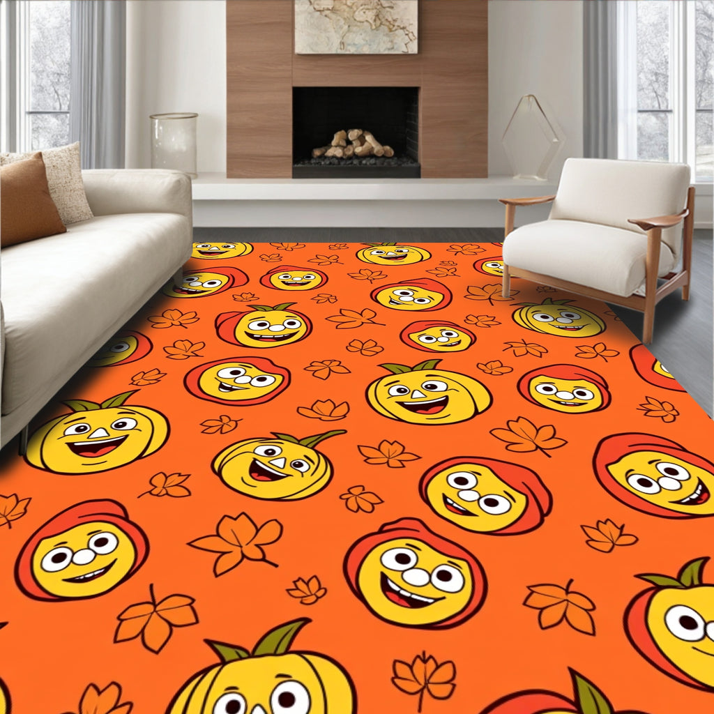 Cheerful Pumpkin Faces Autumn Leaves Rug