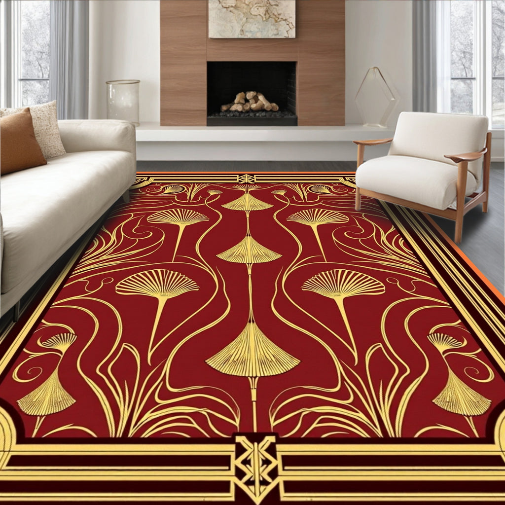 Crimson Gold Art Deco Floral Medallions Rug