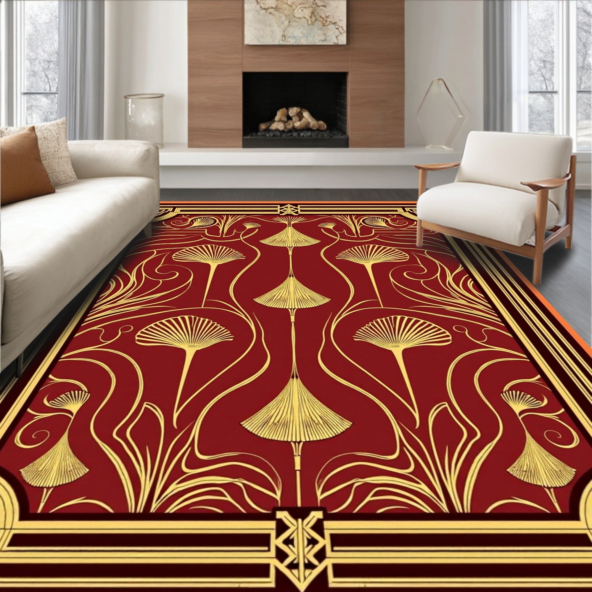 Crimson Gold Art Deco Floral Medallions Rug