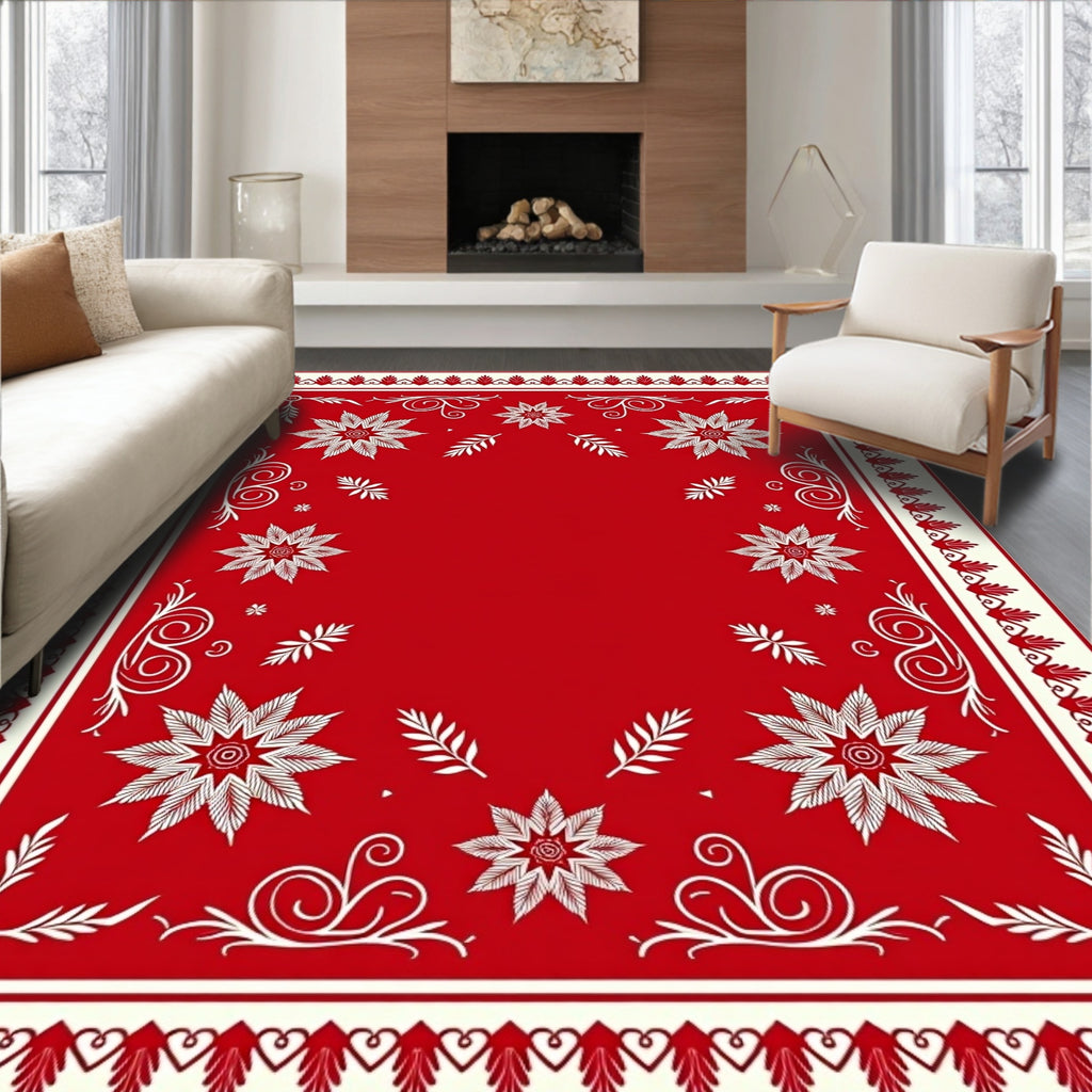 Crimson White Floral Scroll Border Rug