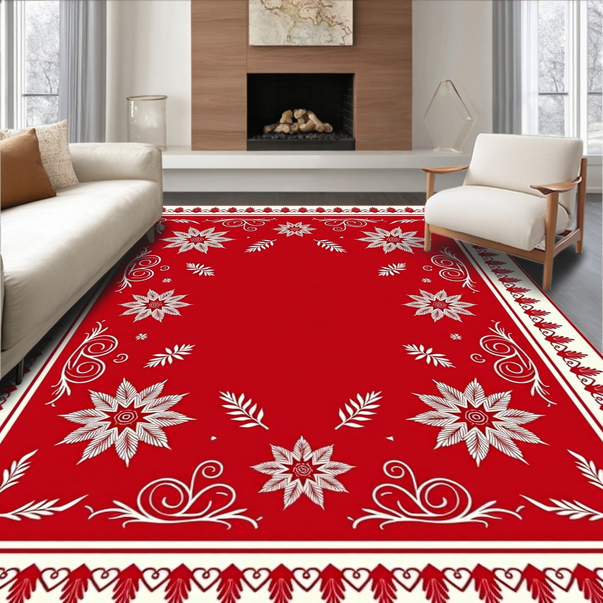 Crimson White Floral Scroll Border Rug