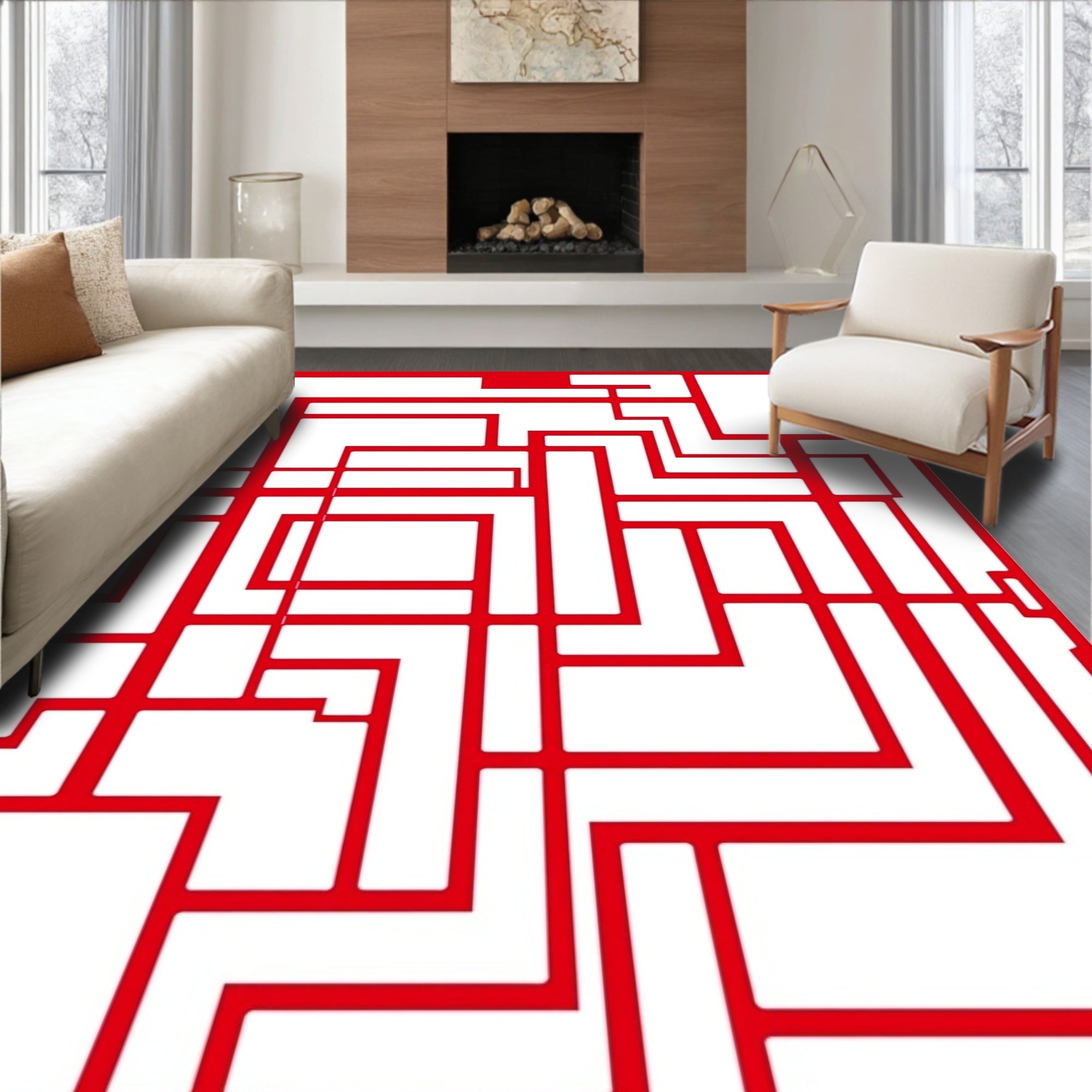 Bold Red Geometric Maze Lines Rug