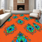 Vibrant Orange Peacock Feather Medallions Rug