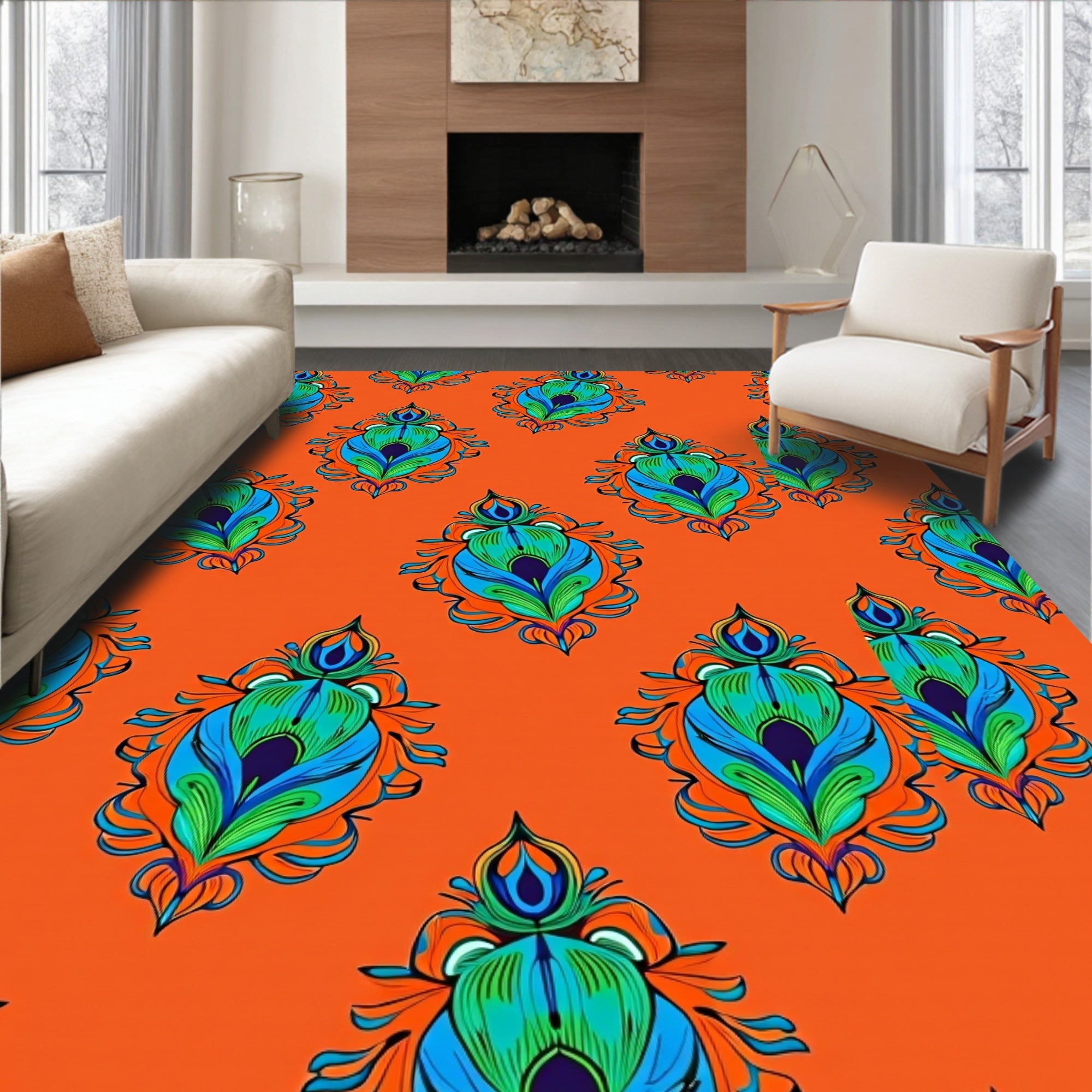 Vibrant Orange Peacock Feather Medallions Rug