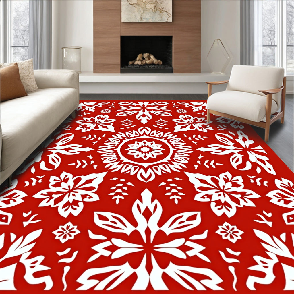 Crimson White Folk Art Floral Mandala Rug