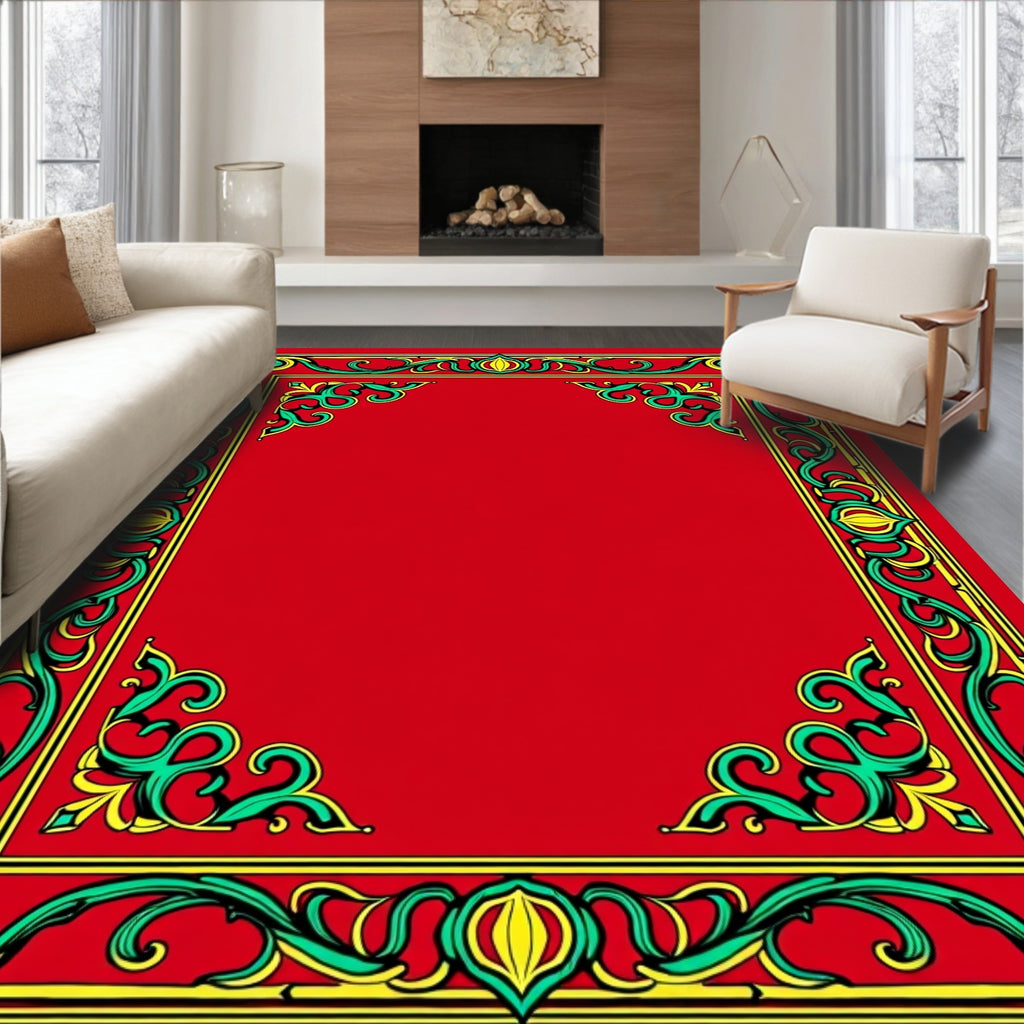 Bold Red Emerald Swirl Frame Rug
