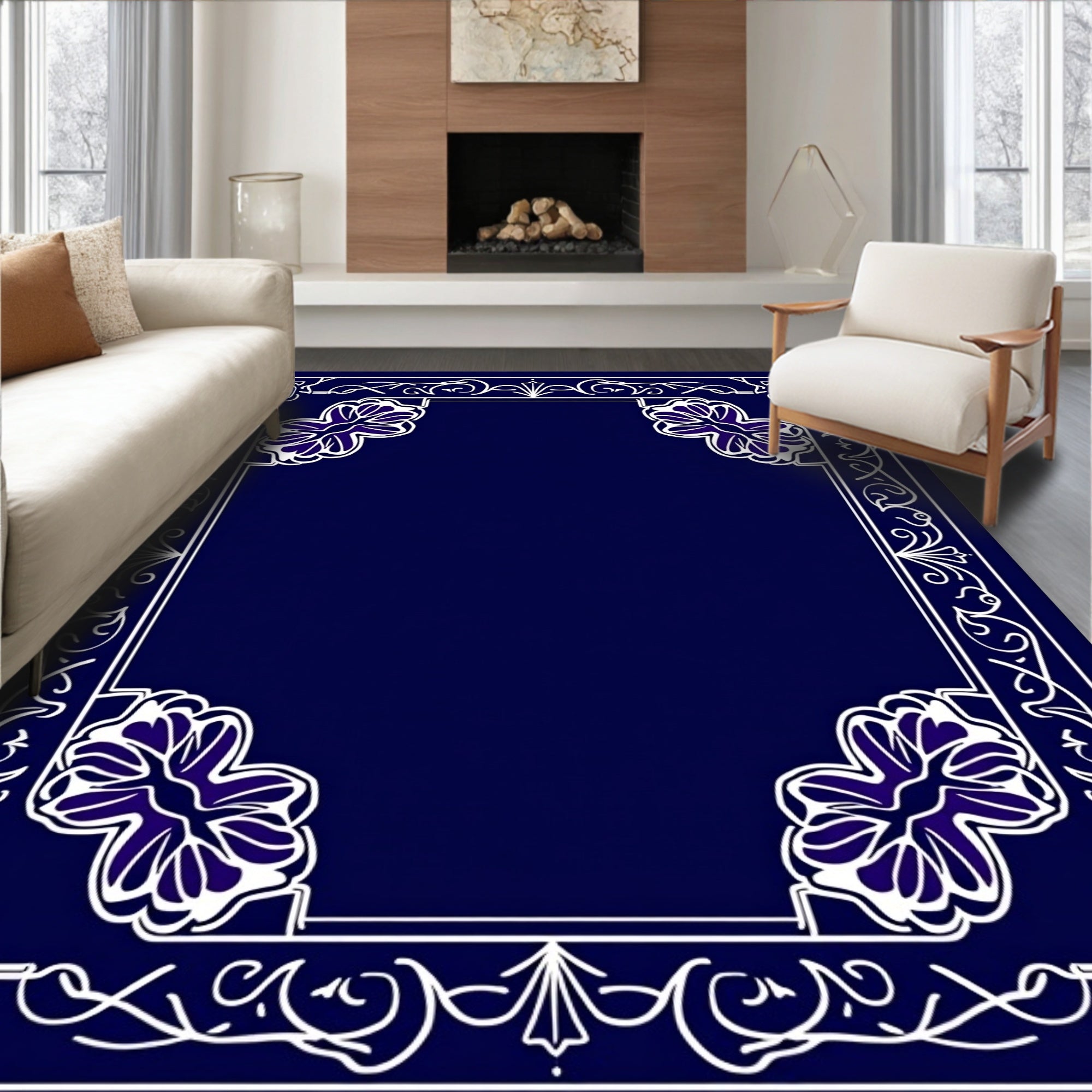 Deep Blue Floral Corner Border Rug