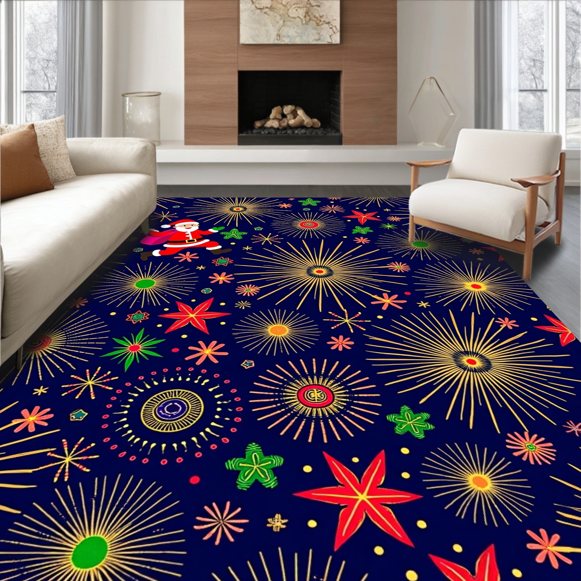 Santa Fireworks Holiday Night Rug