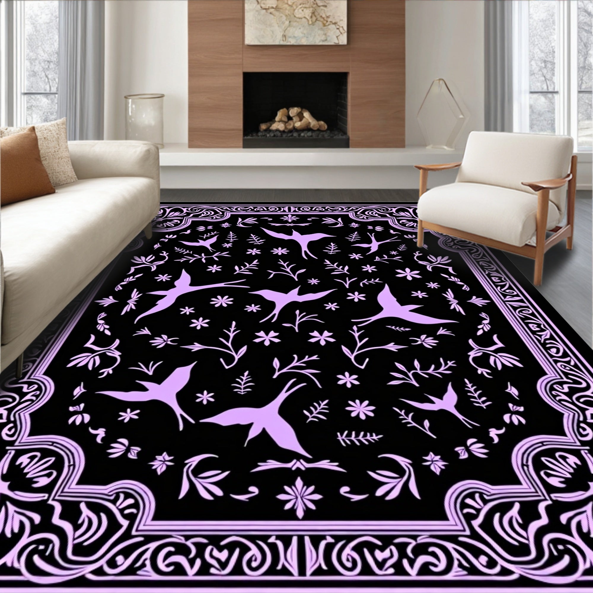 Ornate Lilac Bird and Floral Border Rug