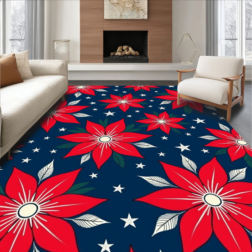 Red Poinsettia Stars Navy Rug