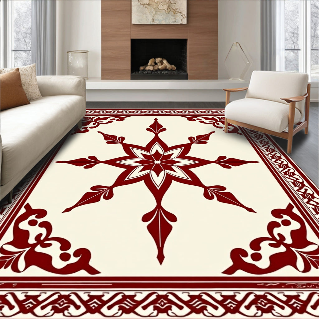 Crimson Starburst and Scrollwork Border Rug