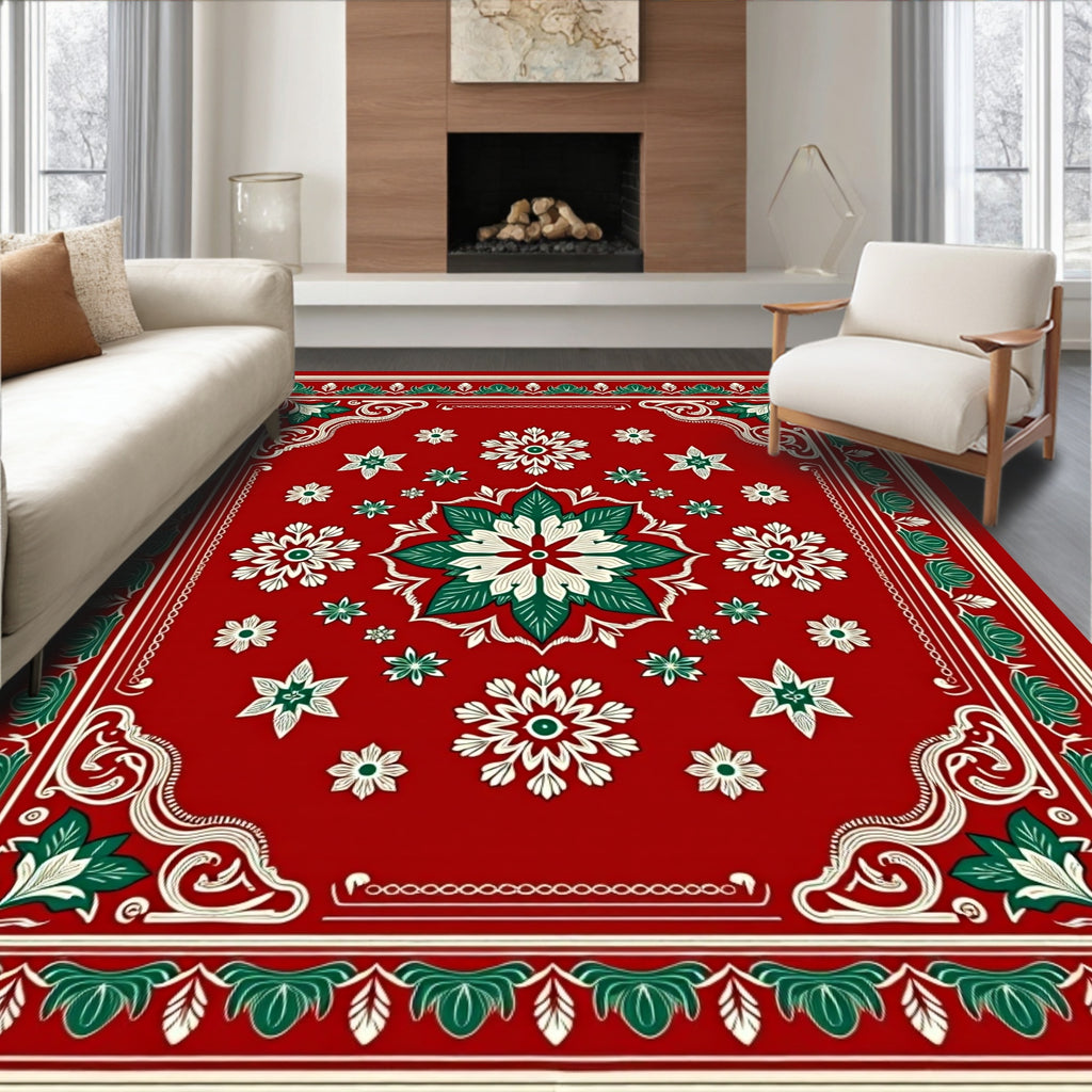 Crimson Green Floral Medallion Border Rug