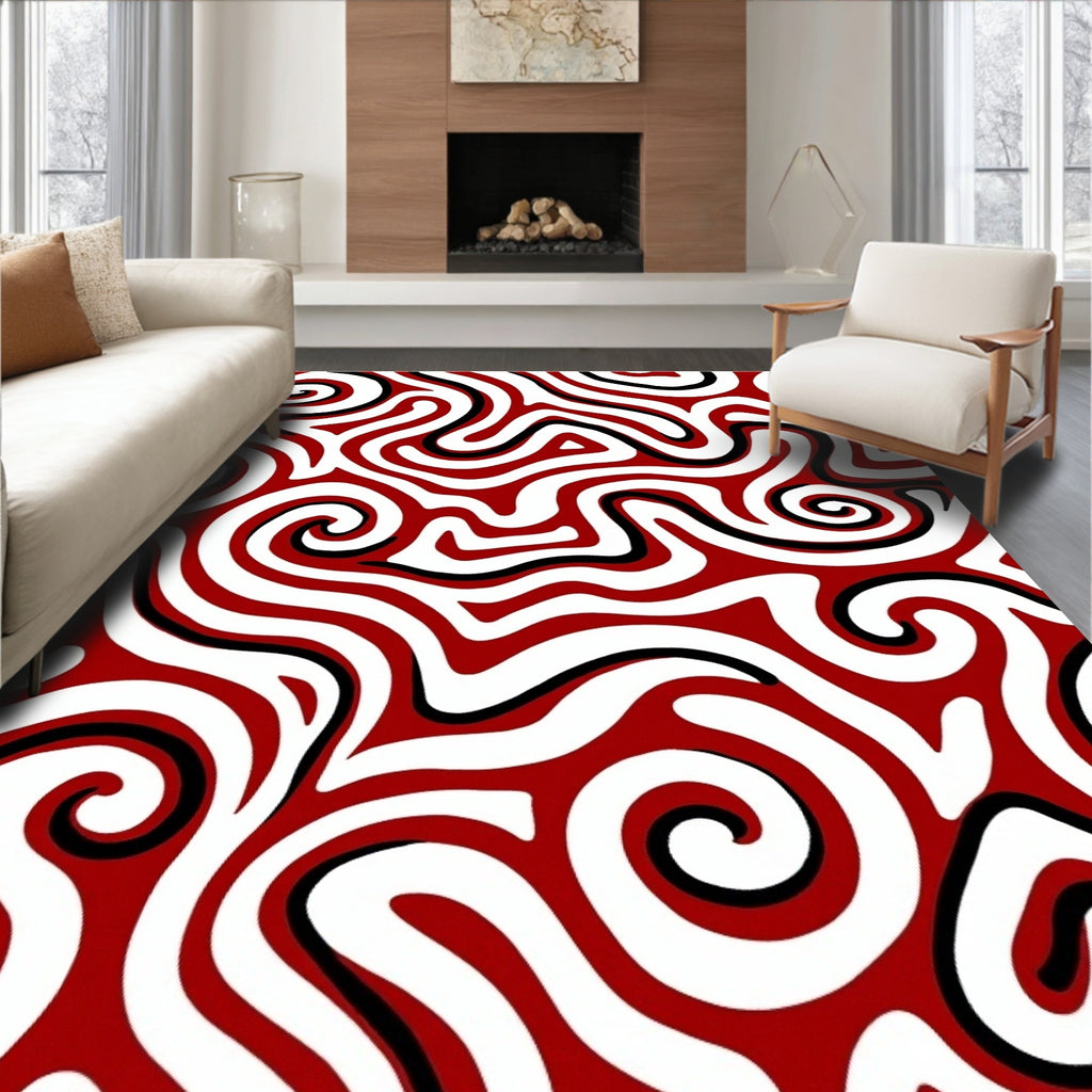 Crimson Swirl Abstract Maze Rug