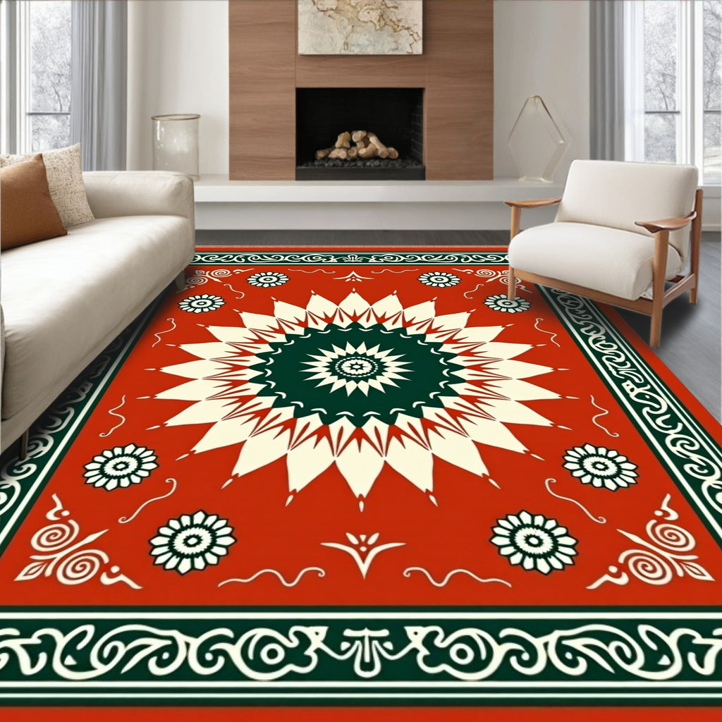 Vibrant Red Sunburst Floral Frame Rug