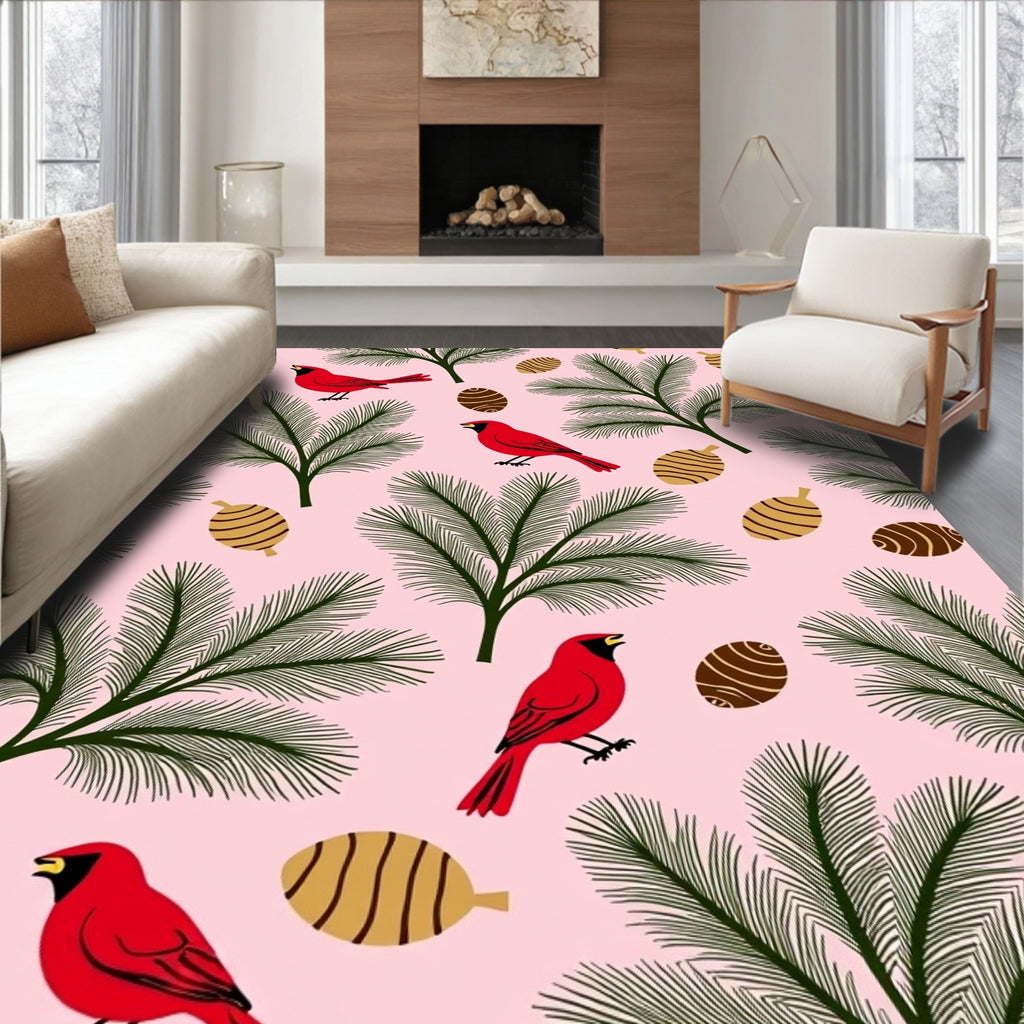 Pink Cardinal Pinecone Evergreen Branches Rug