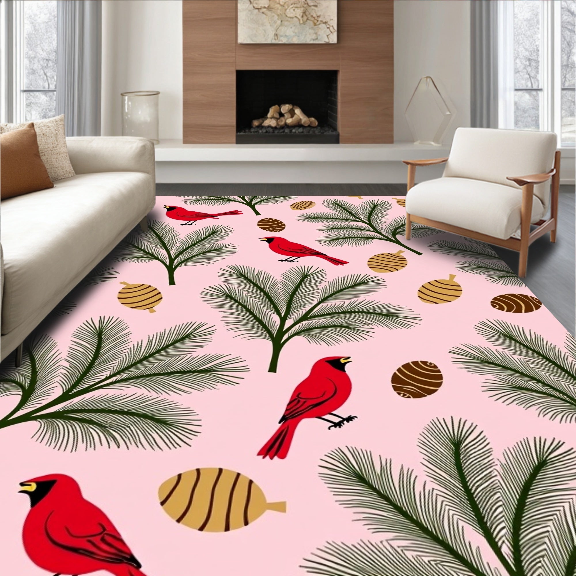Pink Cardinal Pinecone Evergreen Branches Rug