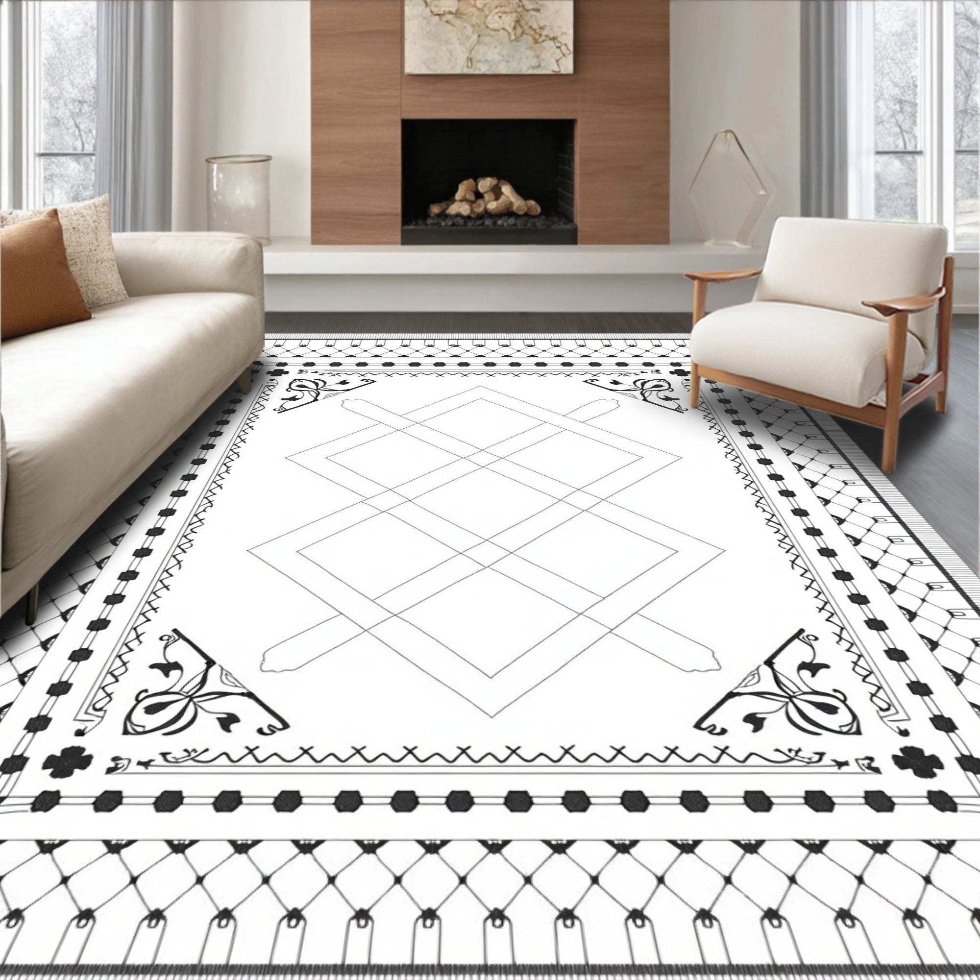 Black White Geometric Interlocking Lines Rug