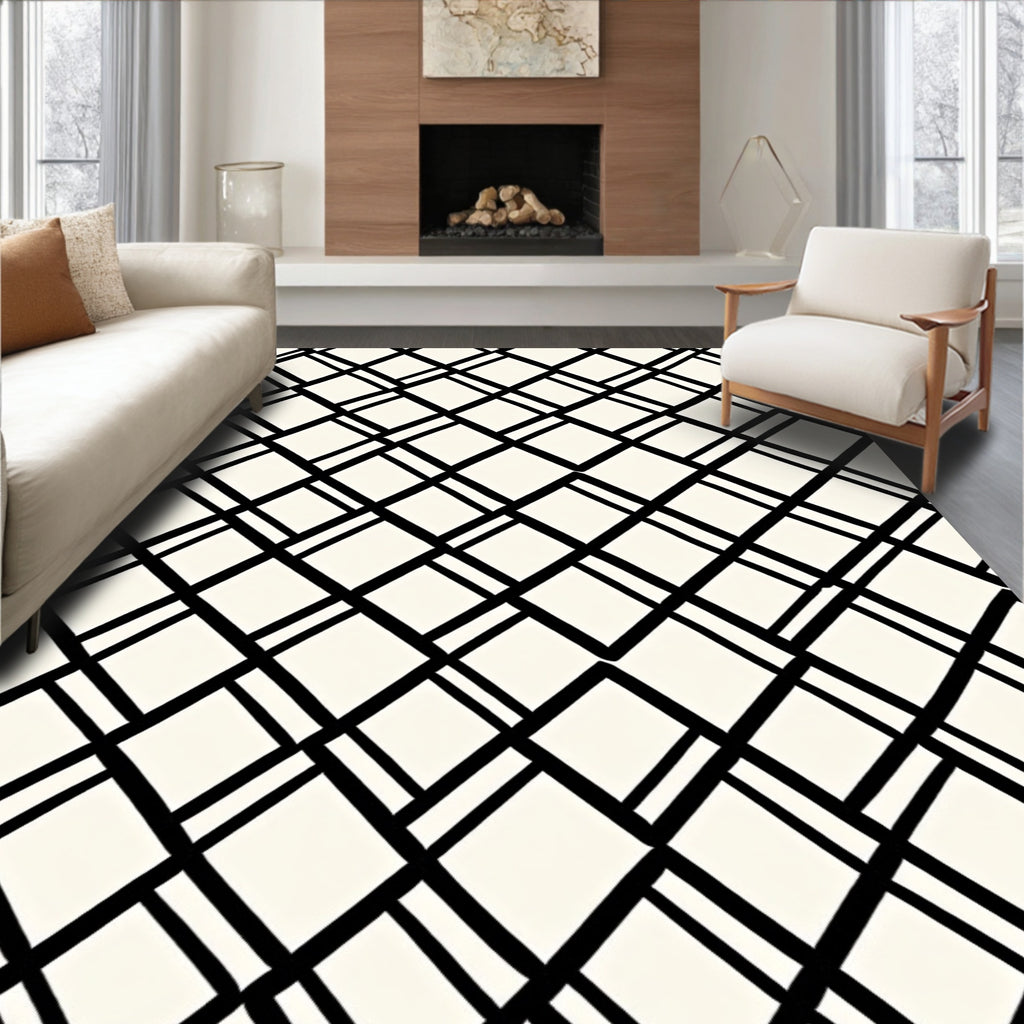 Modern Black Diagonal Intersecting Lines Rug