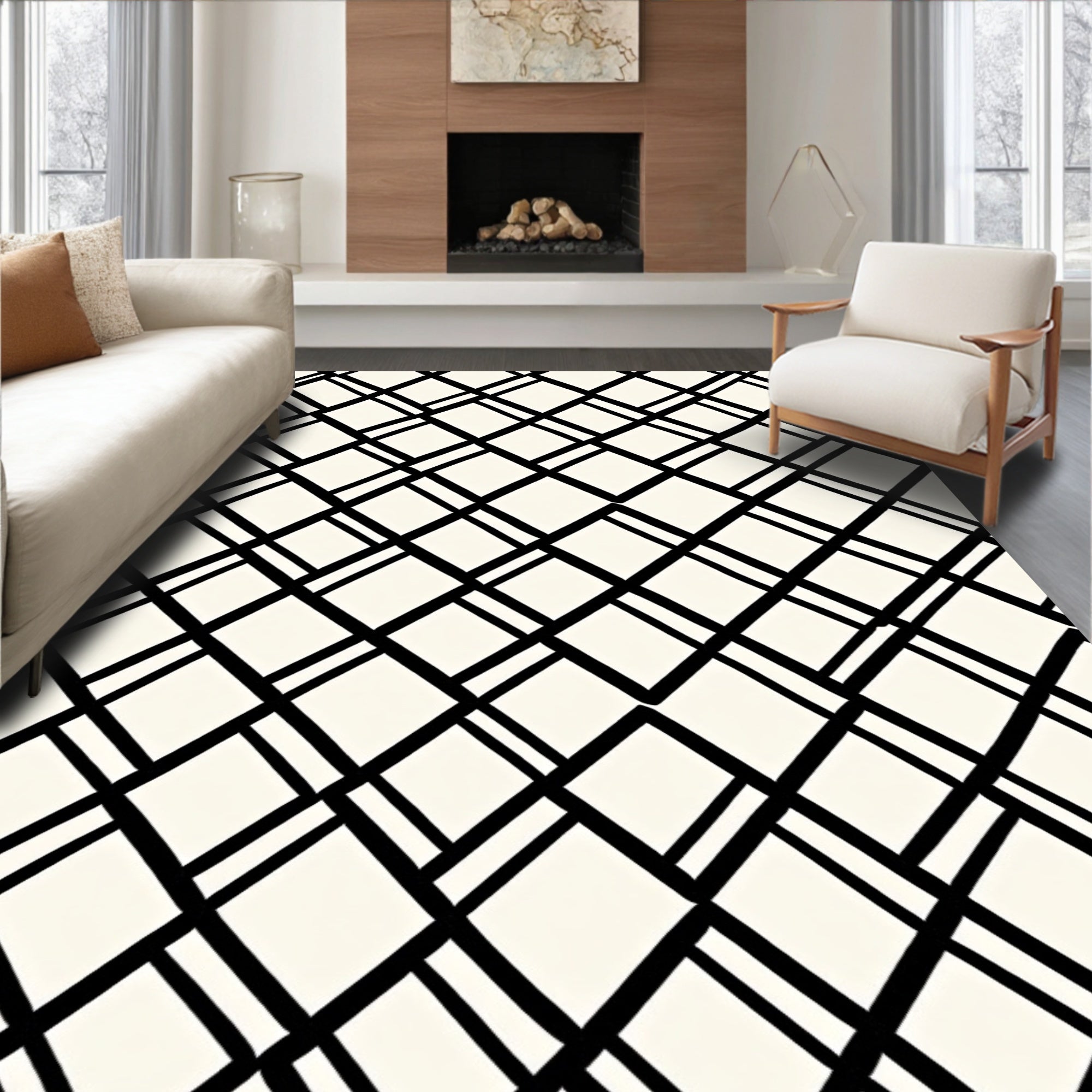 Modern Black Diagonal Intersecting Lines Rug