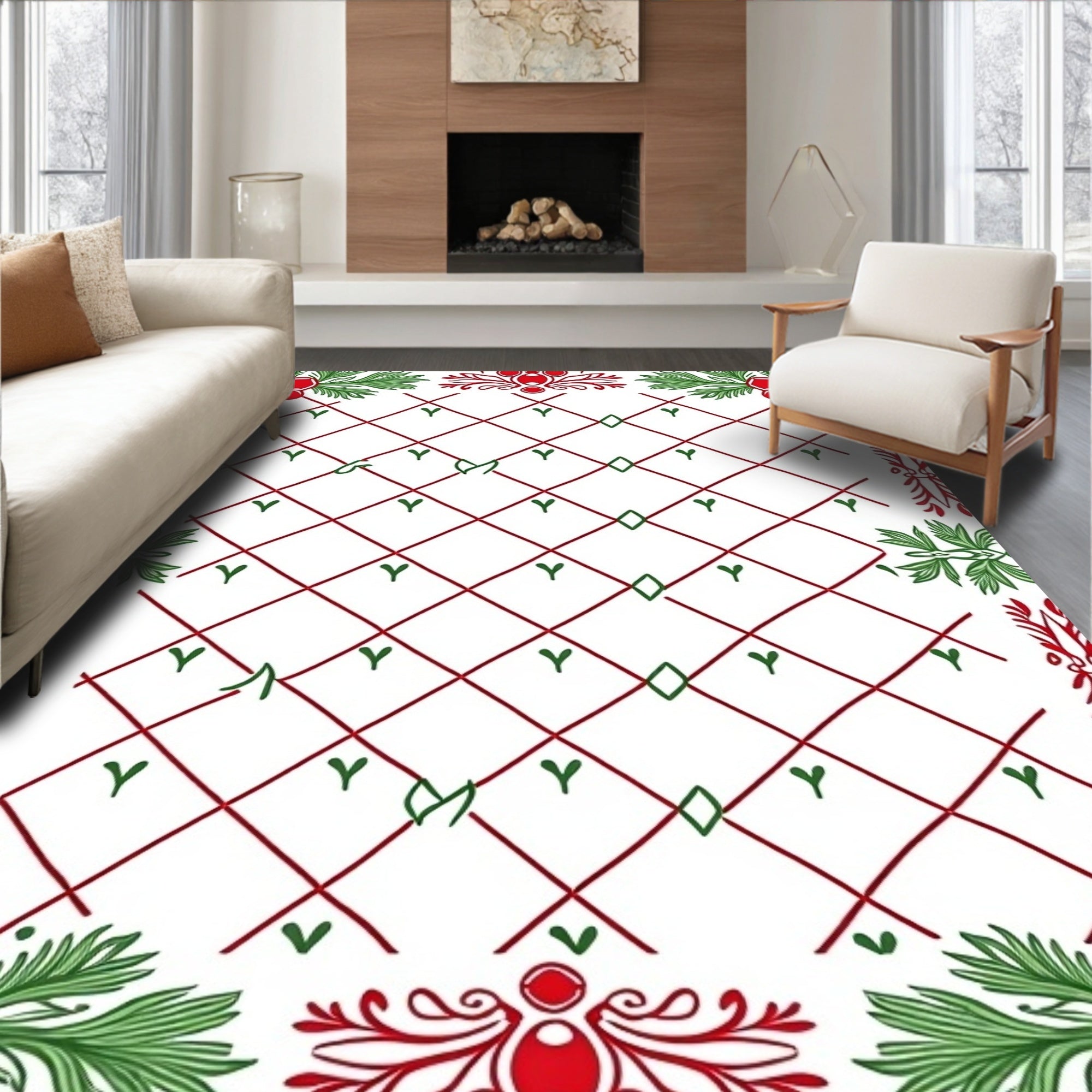 Crimson Lattice Berry Sprig Border Rug