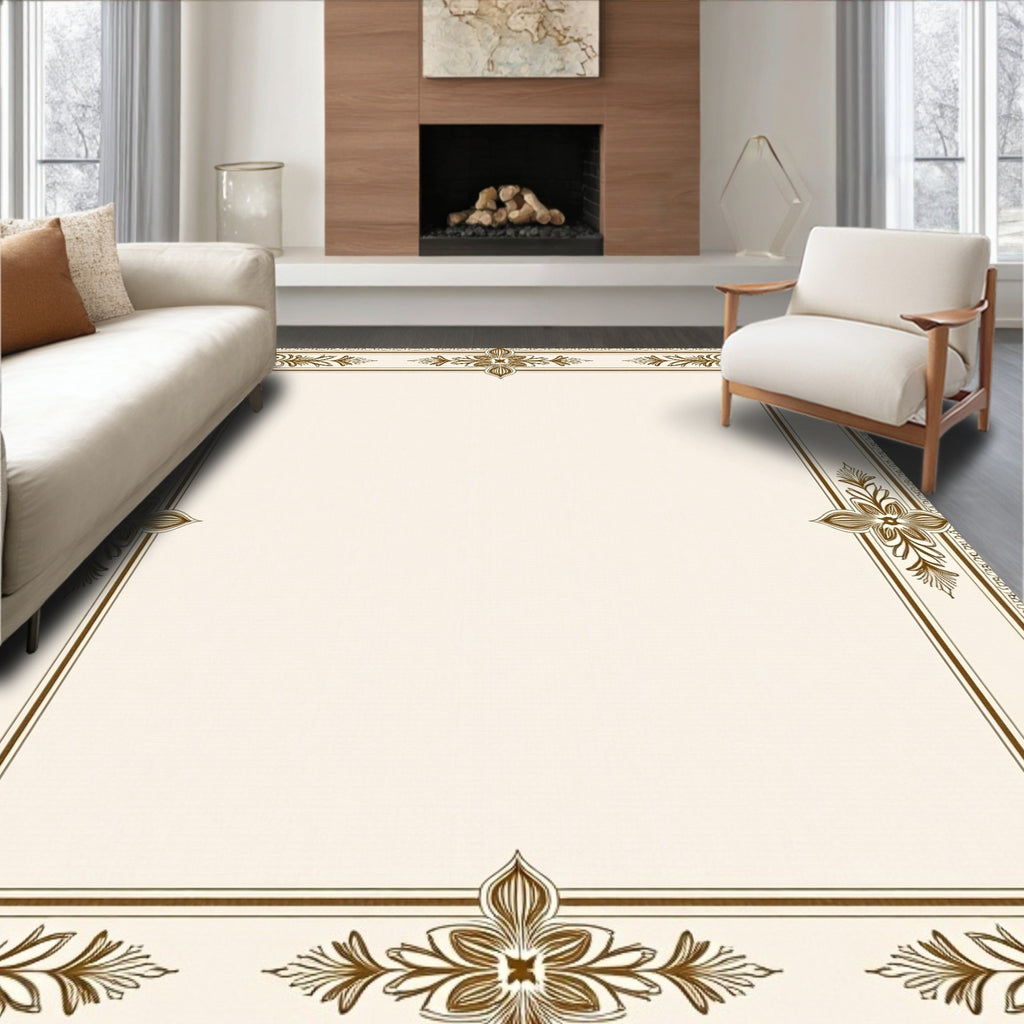 Elegant Gold Floral Scroll Border Rug