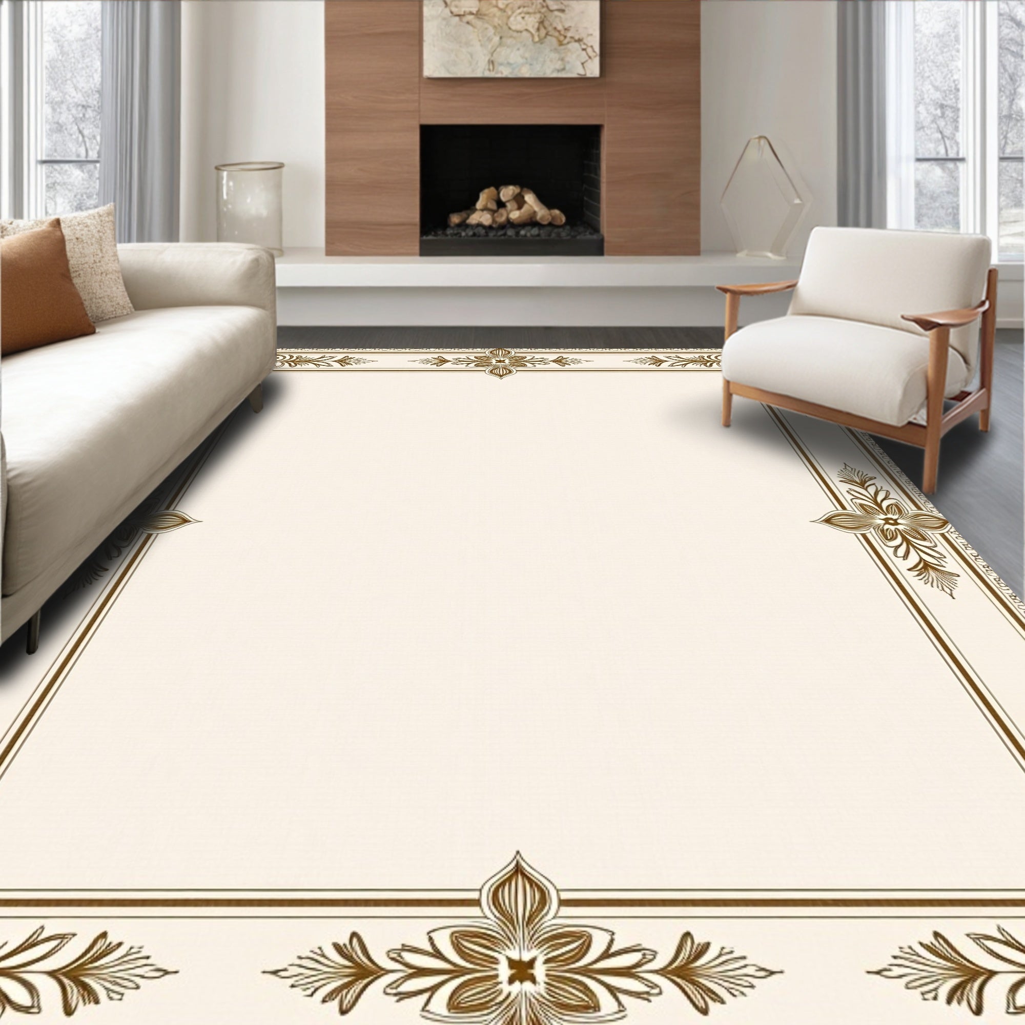 Elegant Gold Floral Scroll Border Rug