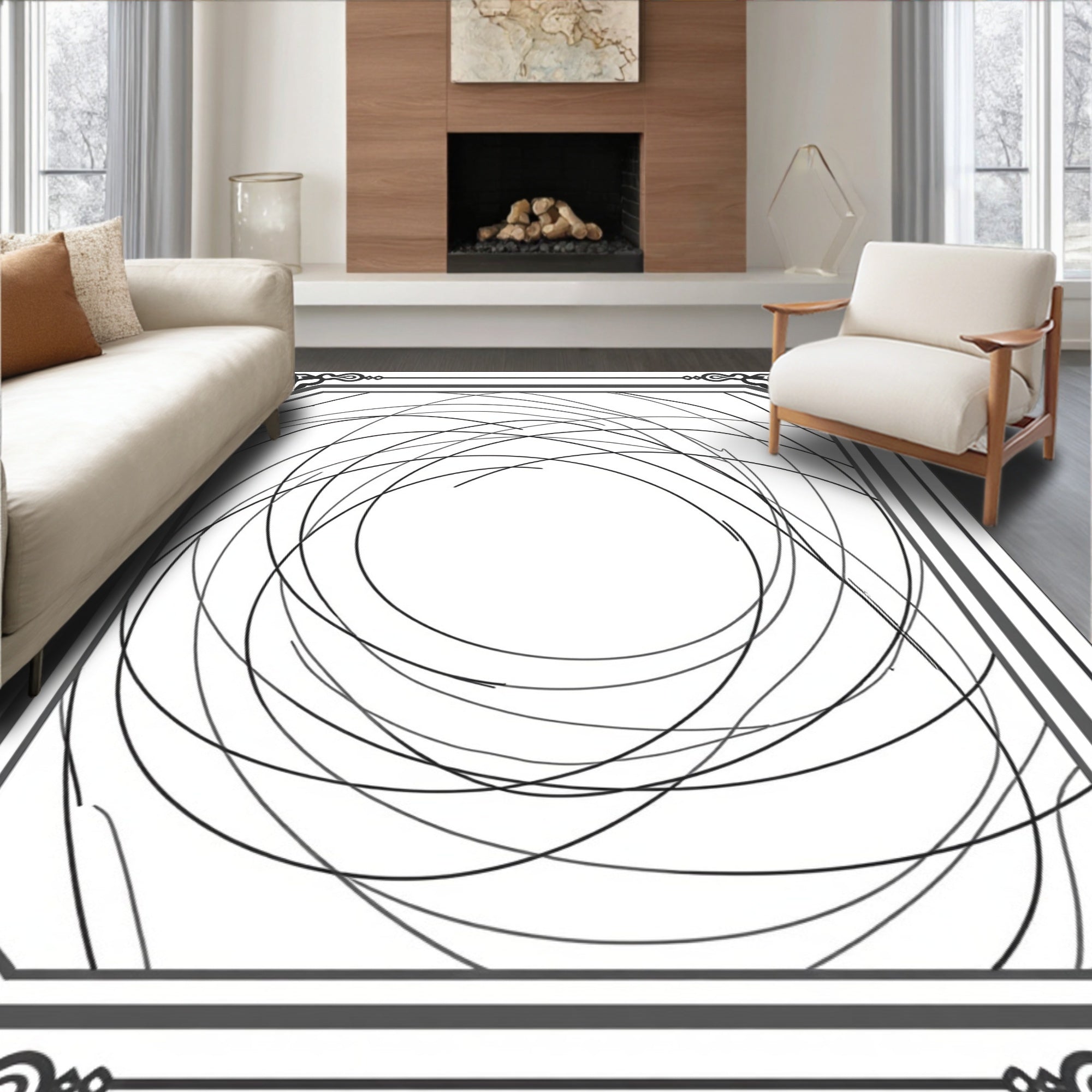 Monochromatic Swirling Line Border Accent Rug