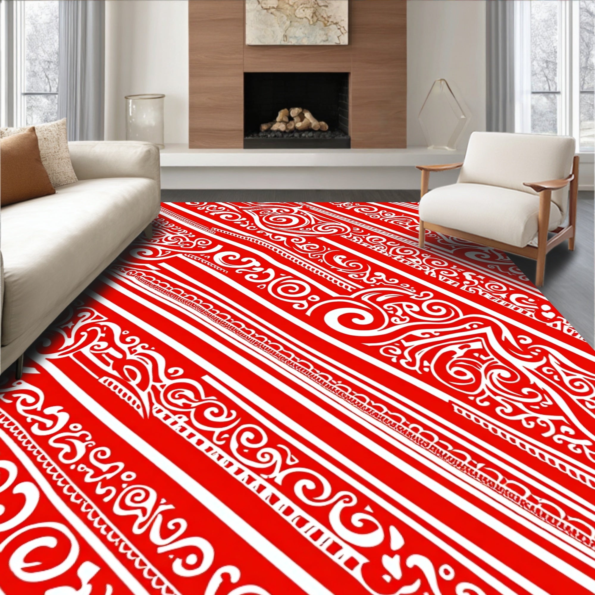 Red White Swirling Calligraphy Stripe Rug