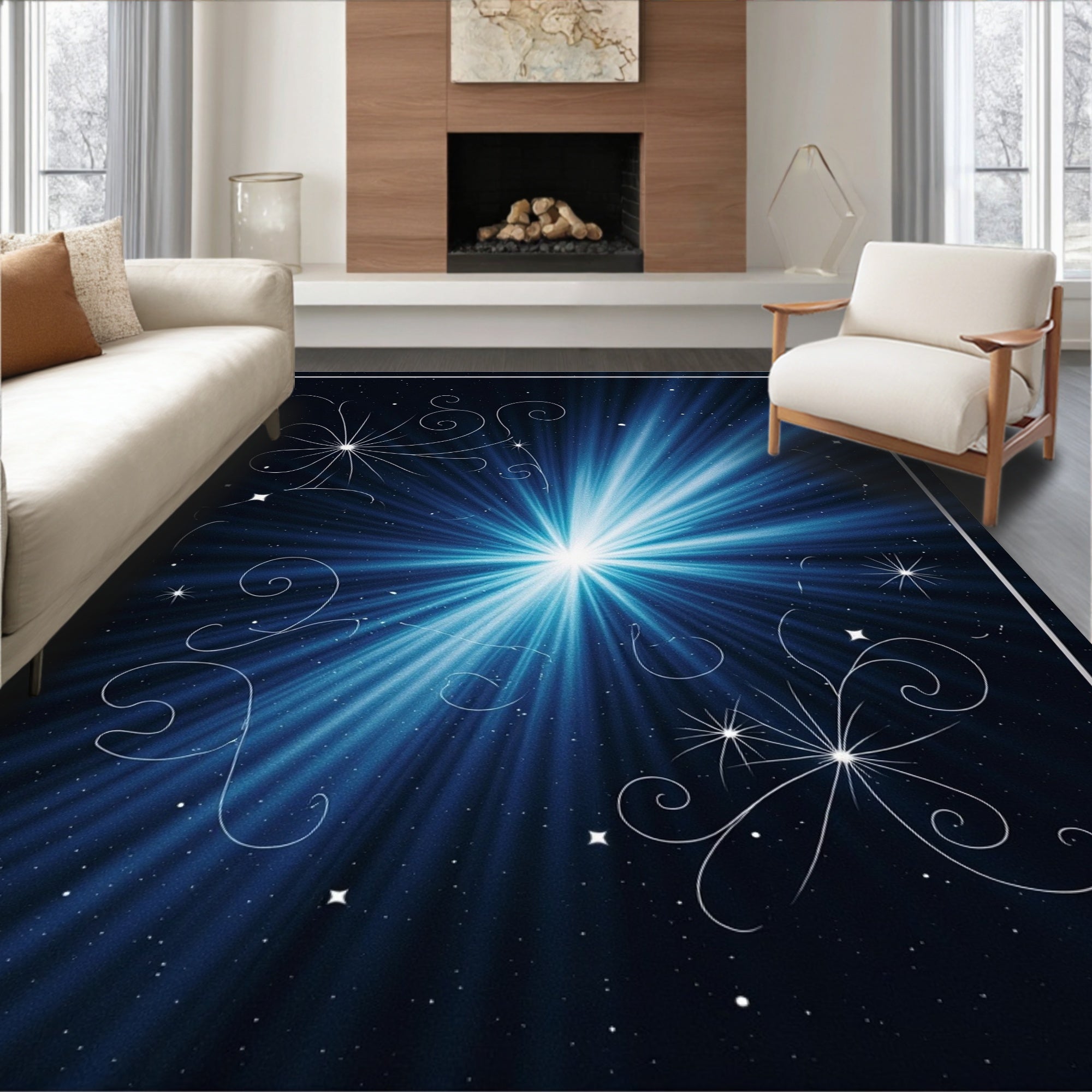 Cosmic Blue Star Burst Swirls Rug