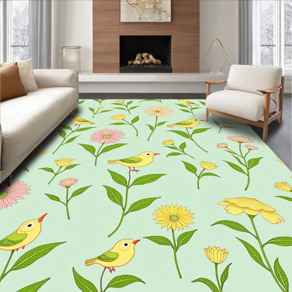 Yellow Birds Among Pink and Yellow Flowers Rug