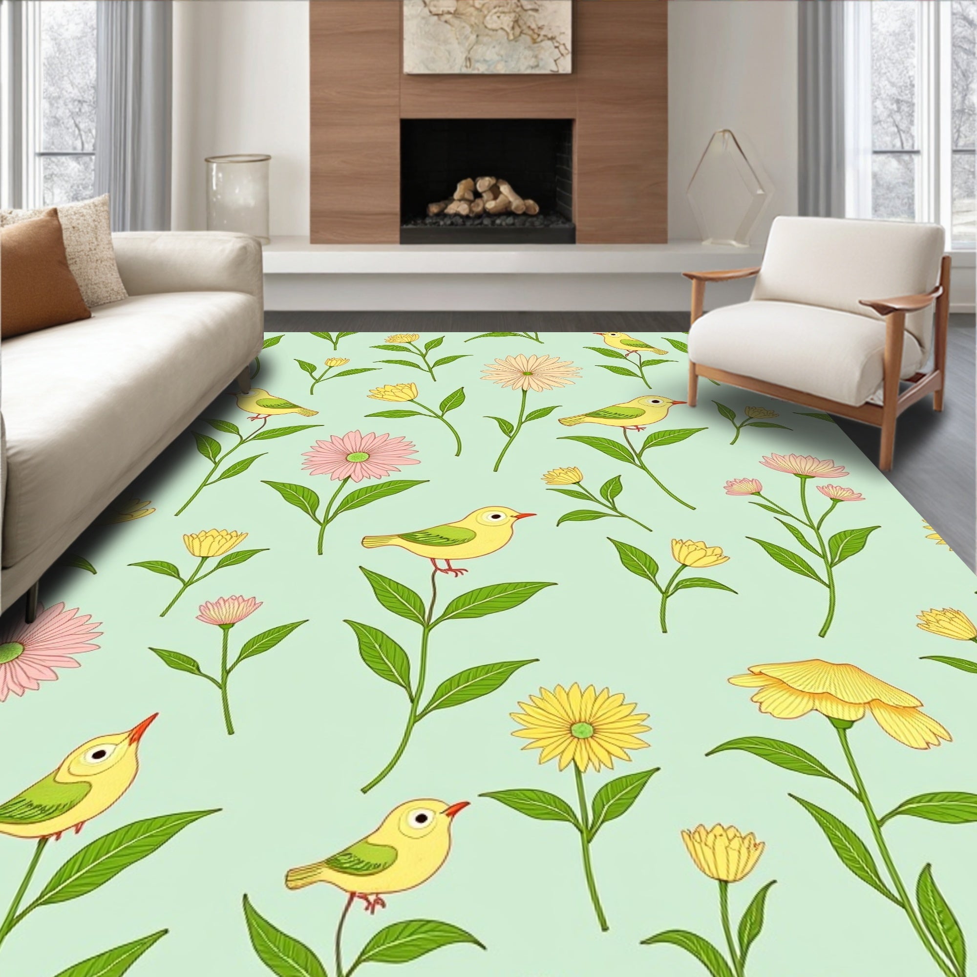 Yellow Birds Among Pink and Yellow Flowers Rug
